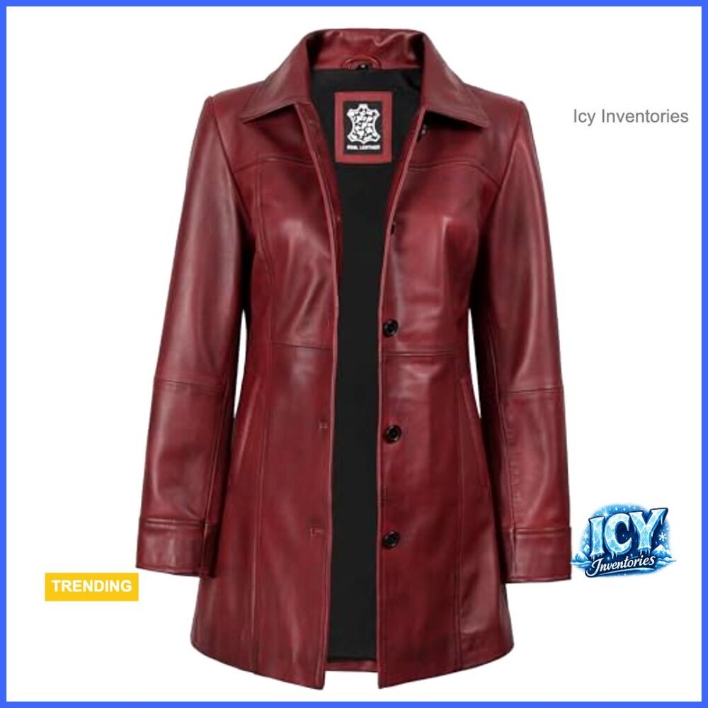 Lambskin Leather Jacket Vintage Style Long Trench Coat Women - Picture 2 of 7